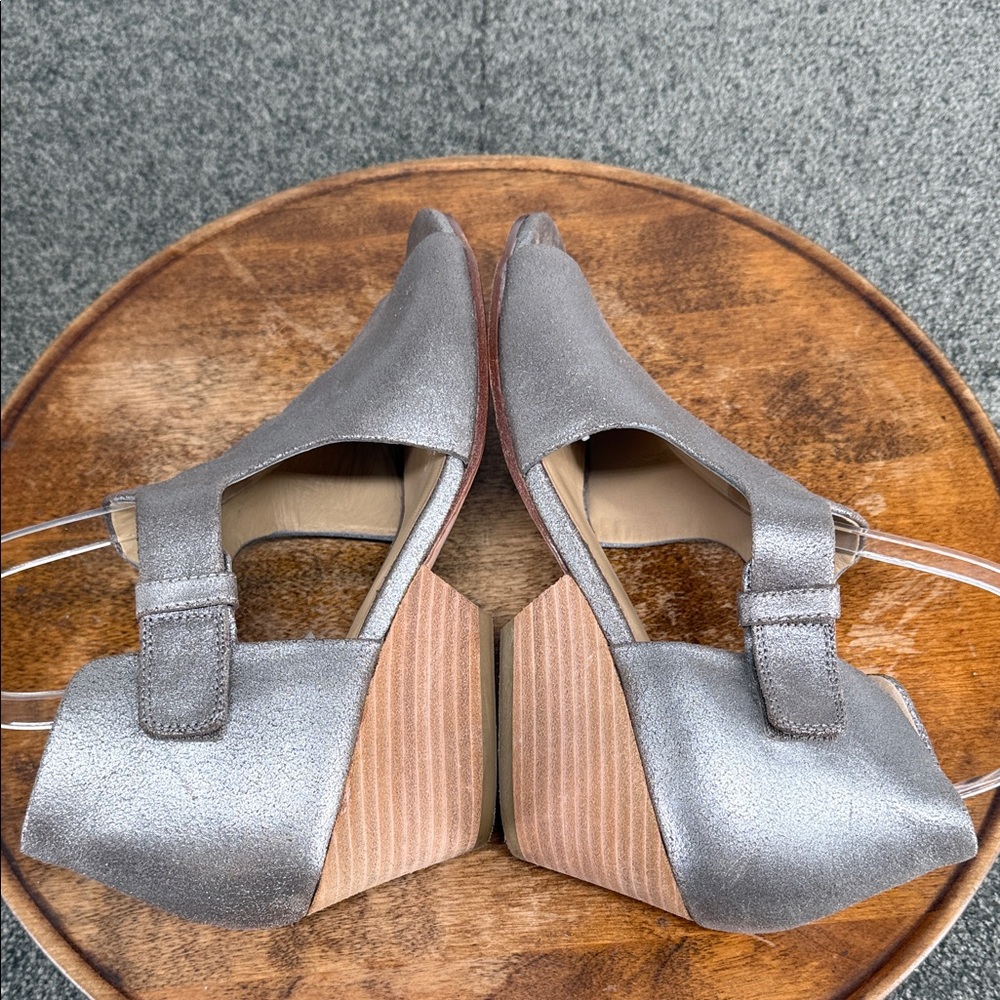 Eileen Fisher Sandals Wm 9.5 Iris Metallic Silver Leather Block Heel Pewter - Picture 7 of 14